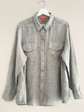 JOE FRESH Women’s 100% Linen Long Sleeve Shirt 1X Natural Linen/Light Grey EUC